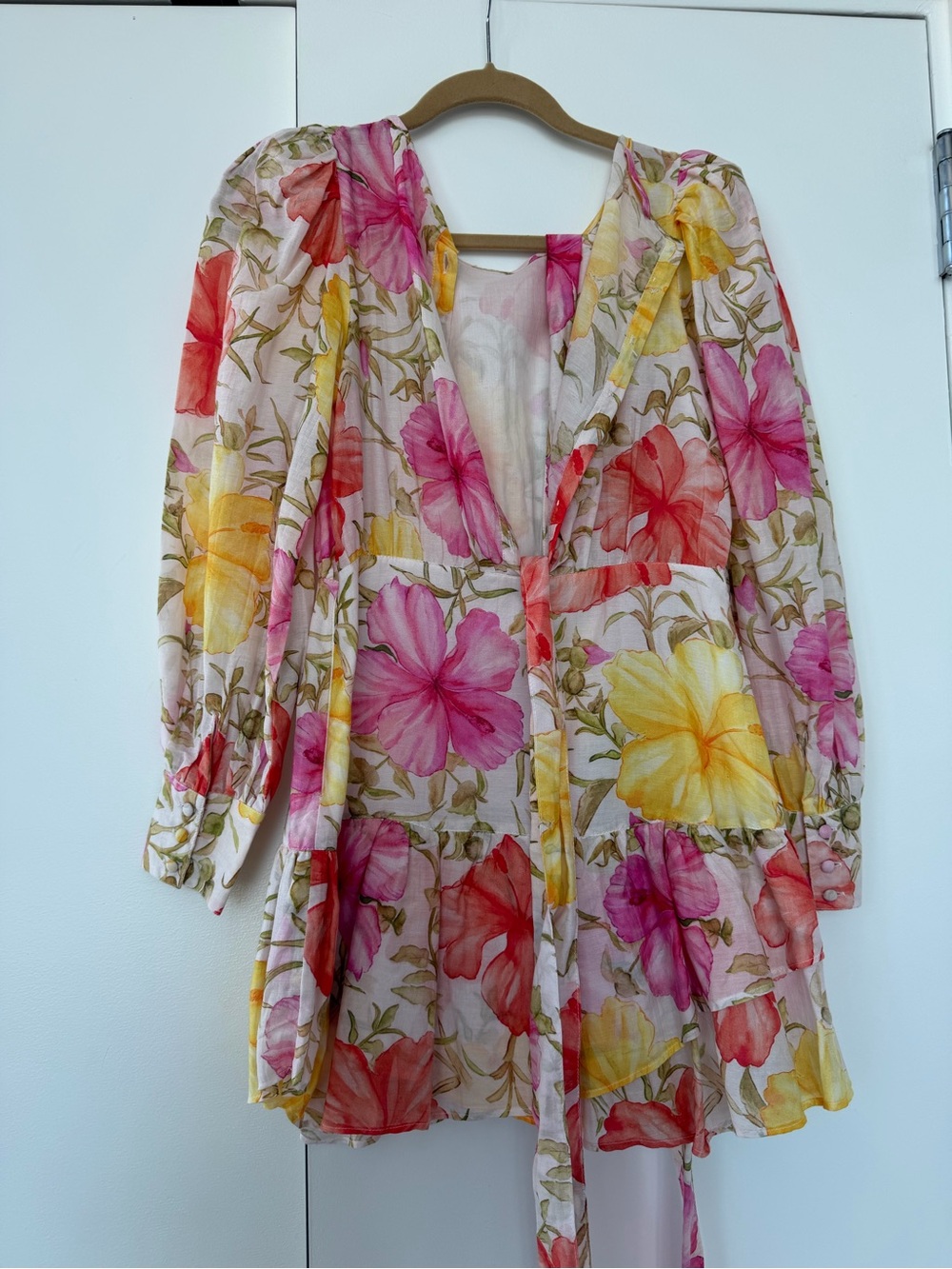 LoveShackFancy Floral Tie-Waist Mini Dress in Pink & Yellow - Picture 3 of 4